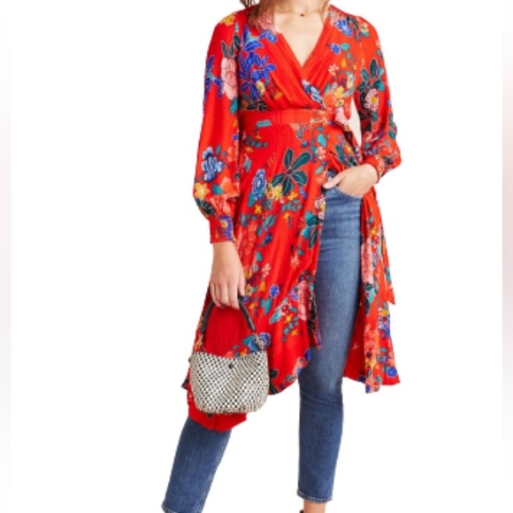 Anthropologie Boswell long sleeves wrap ruffle floral dress color red/blue size2 - Picture 2 of 8